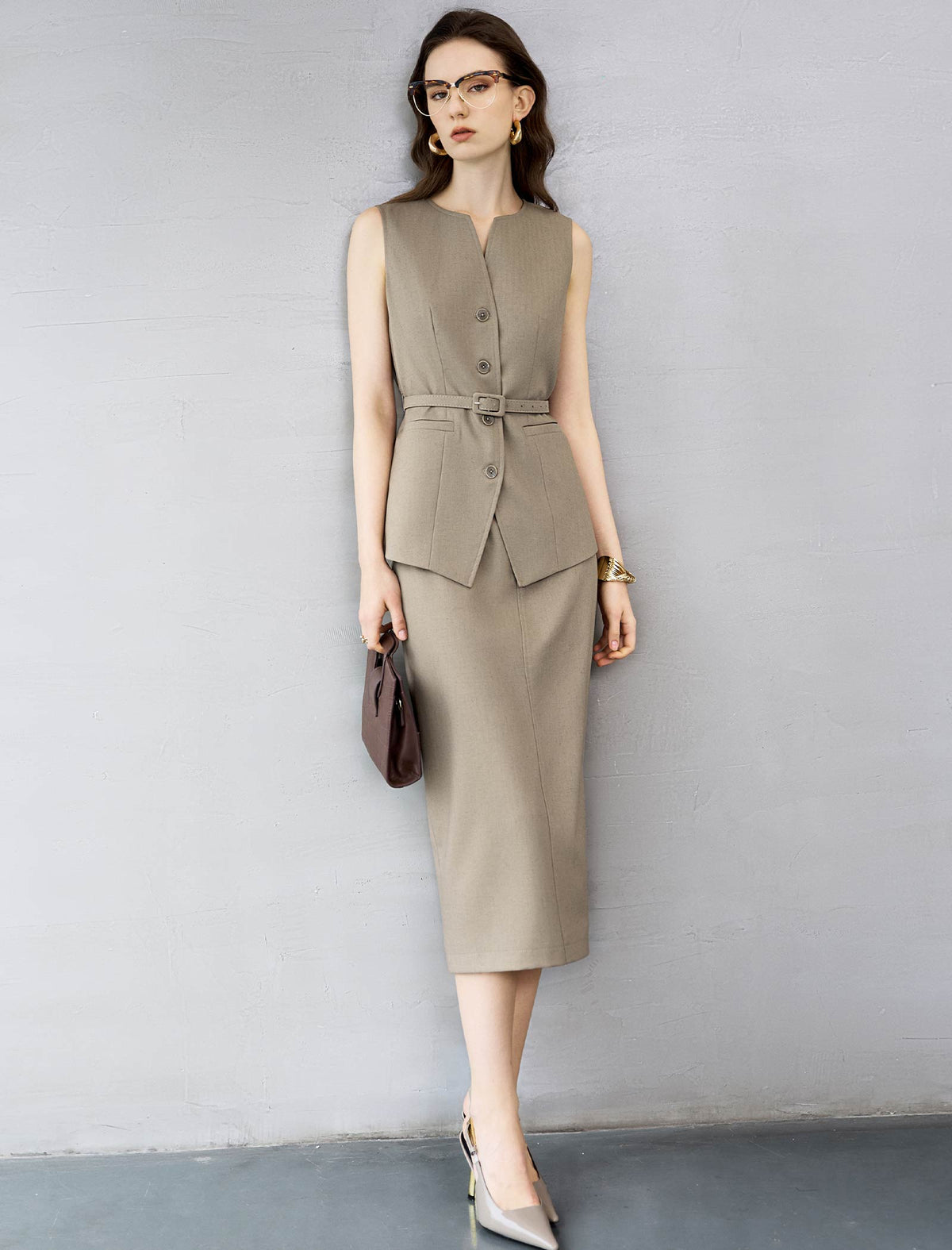 Back Slit Tailored Midi Skirt