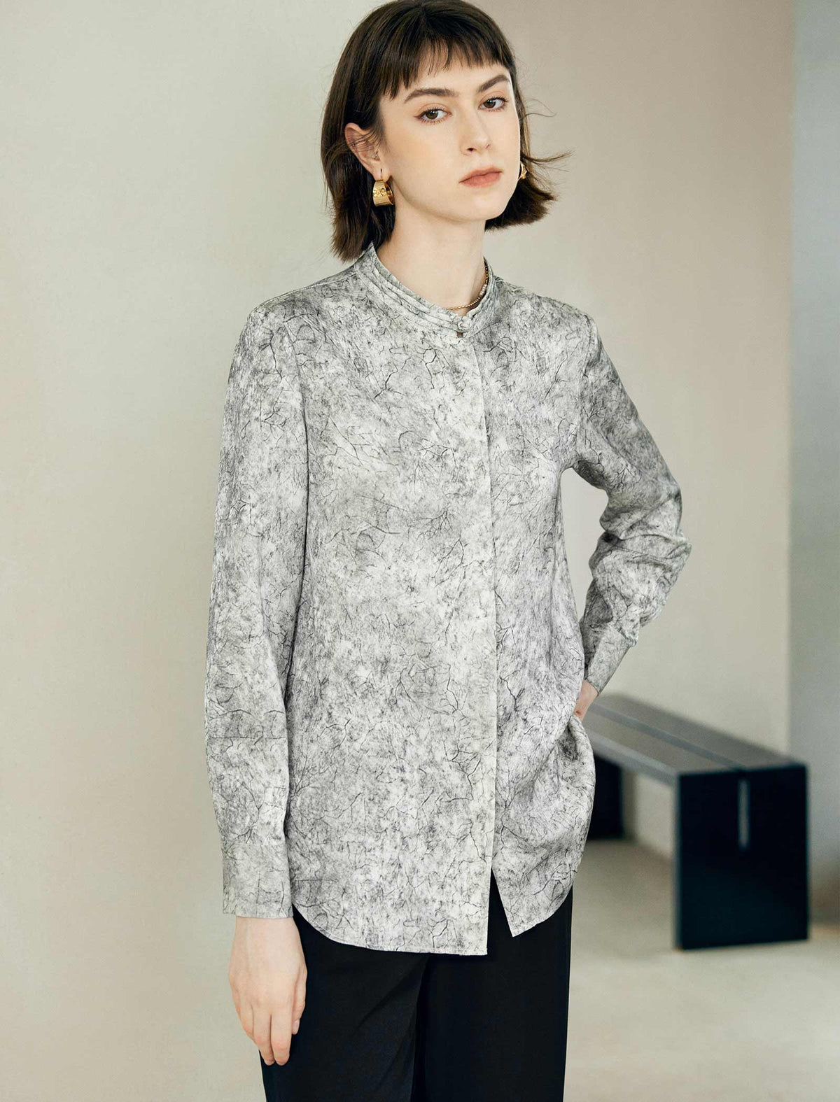 Marble-Print Mandarin Collar Blouse