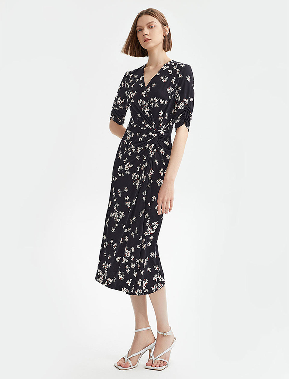 Floral Print Wrap Side Slit Midi Dress