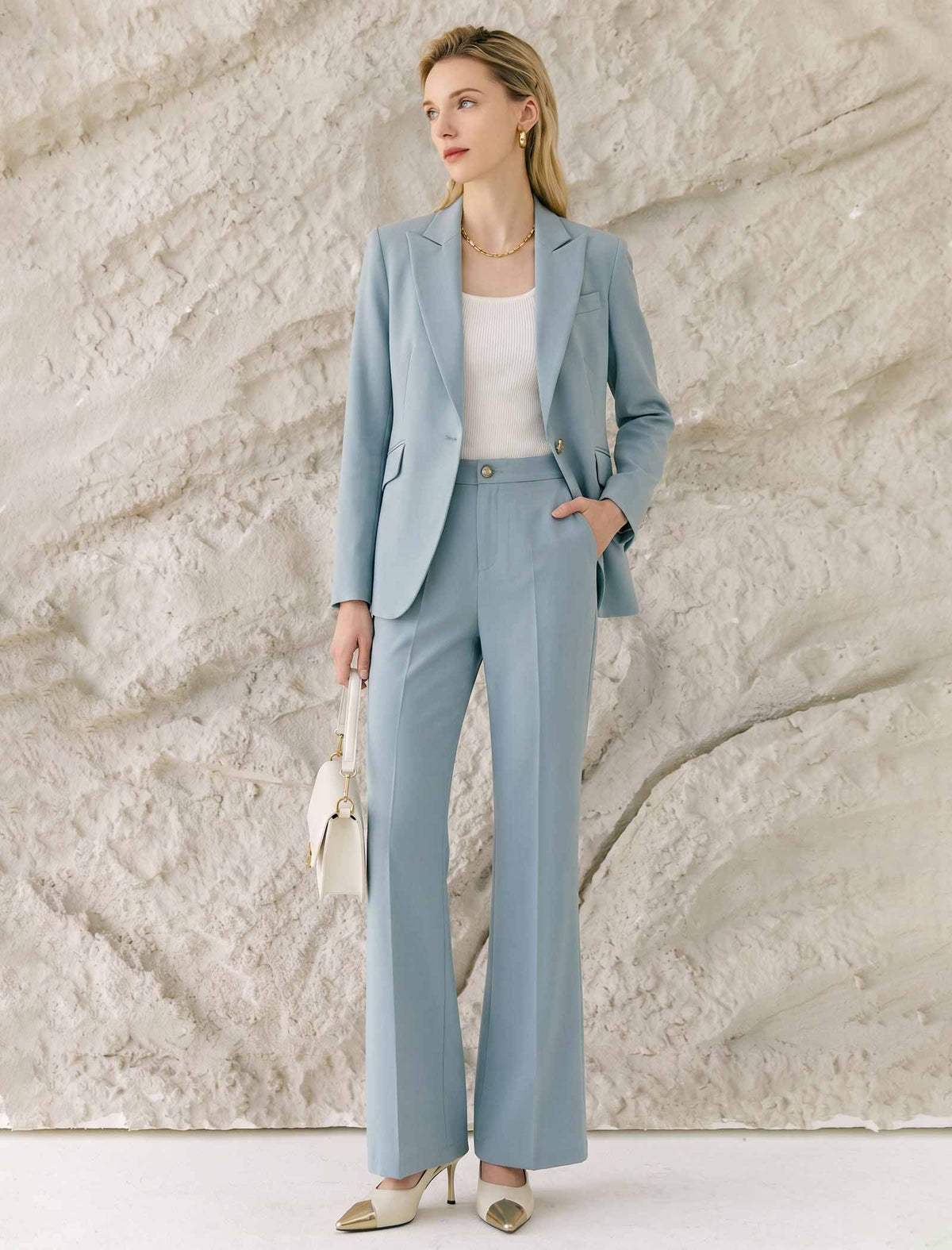 Light Sky Blue High Waist Front Crease Flare Suit Pants