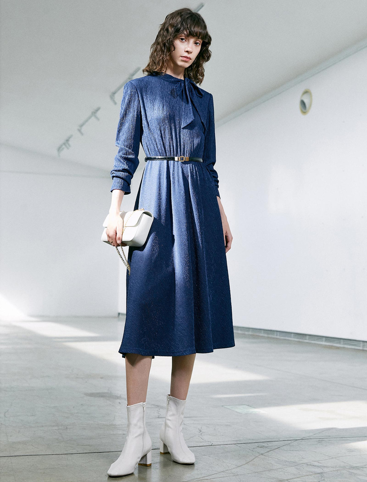 Solid Long Sleeve Belted Straight-Fit Dress