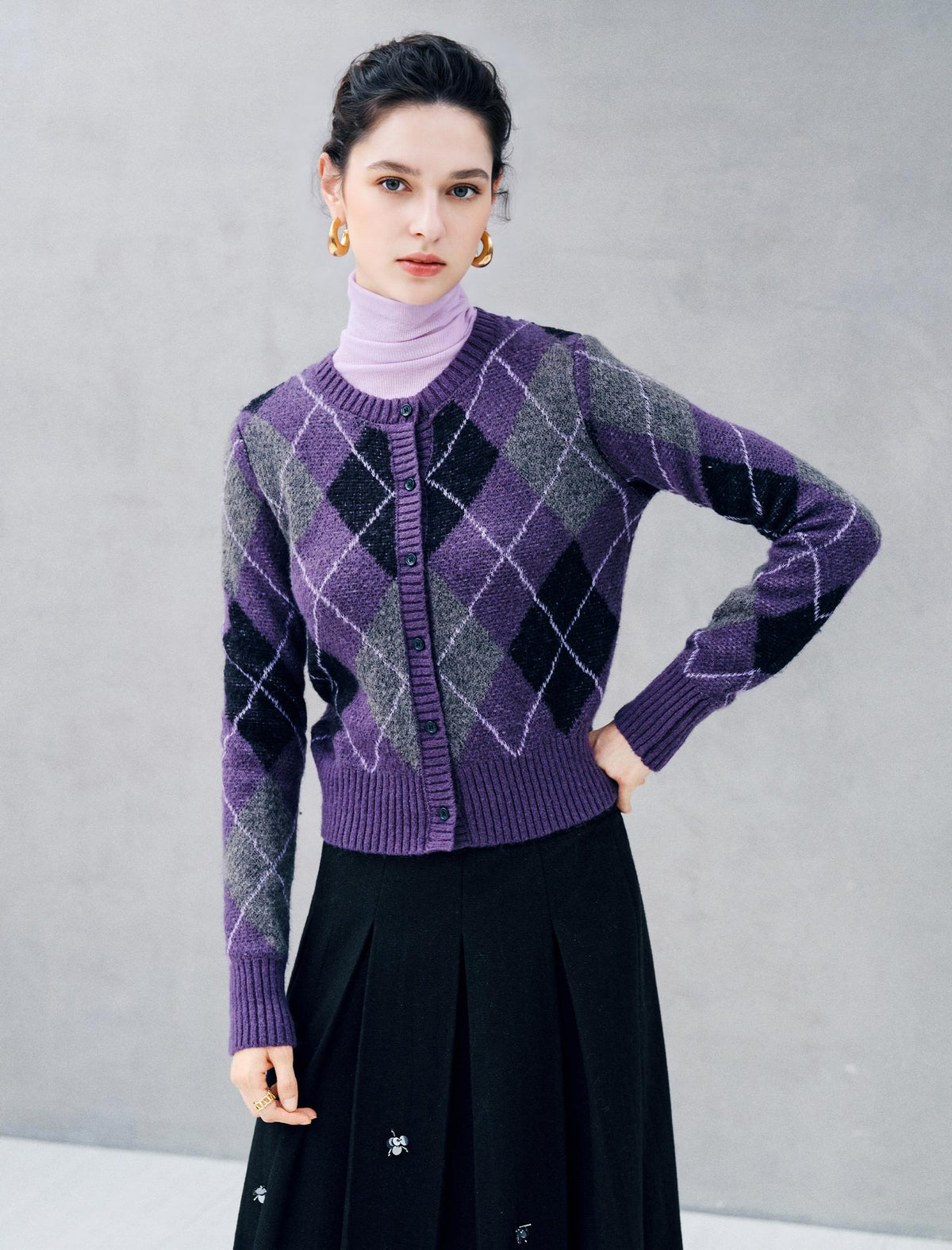 Geometric Plaid Round Neck Cropped Knit Cardigan