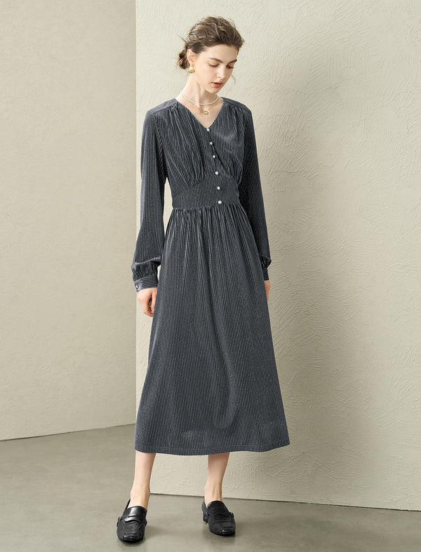 Velvet V-Neck Waist-Defining Elegant Midi Dress