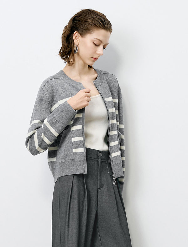 Striped Zipper Short Knit Cardigan