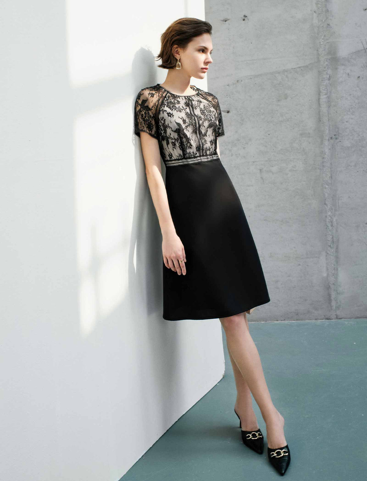Lace Panel Waist-Cinched Fitted Dress