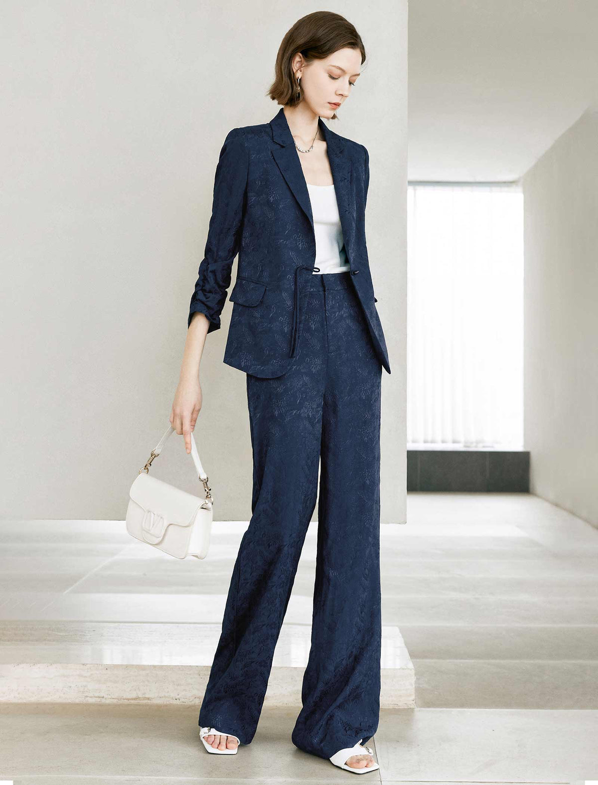 Navy Textured Wide-Leg Pants
