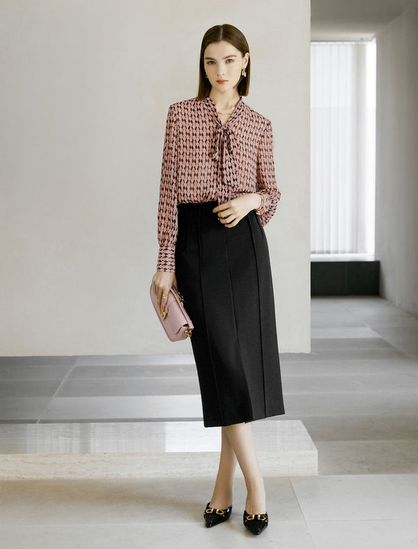 Geometric Print Tie Neck Blouse