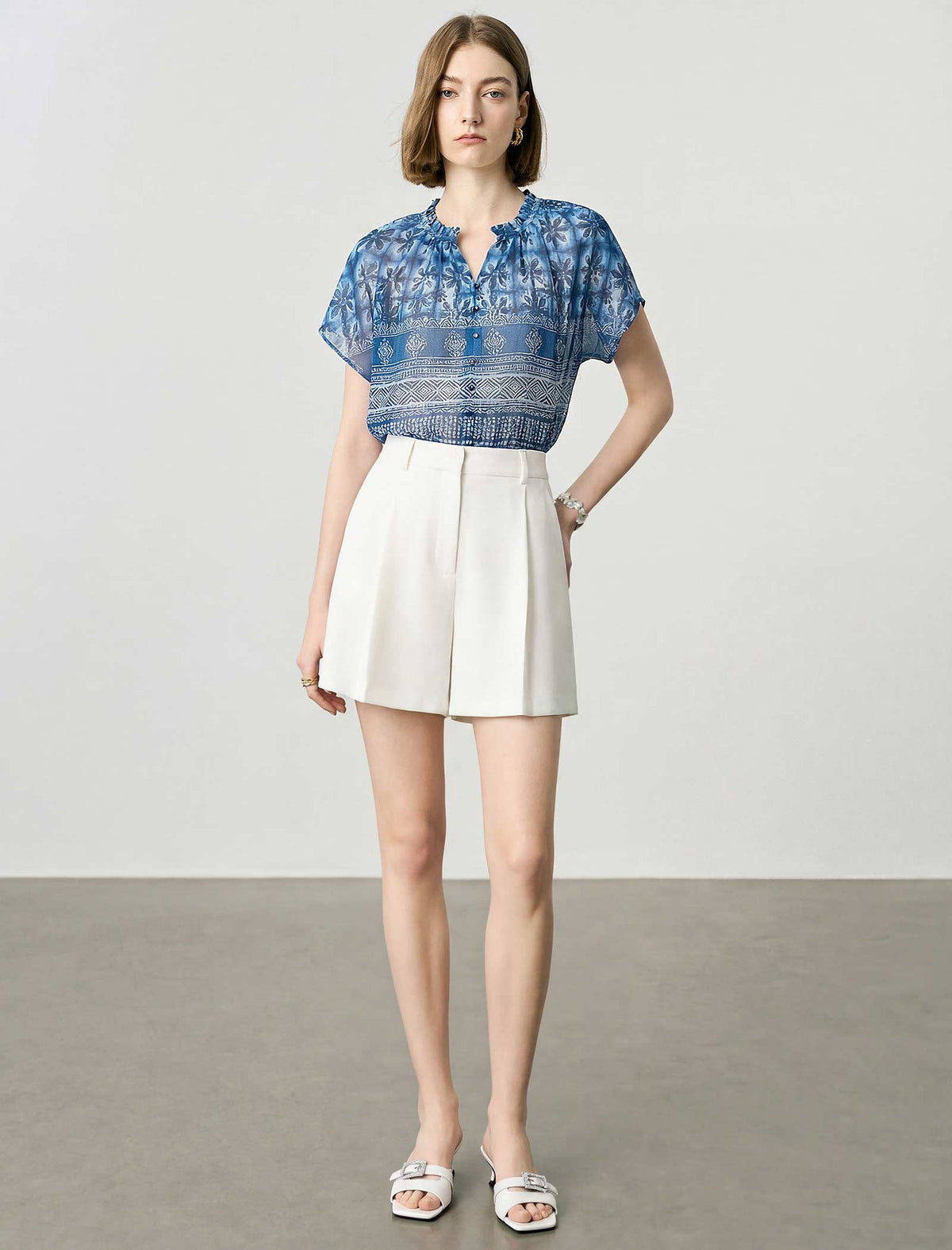 Blue Batik Print Short-Sleeve Blouse