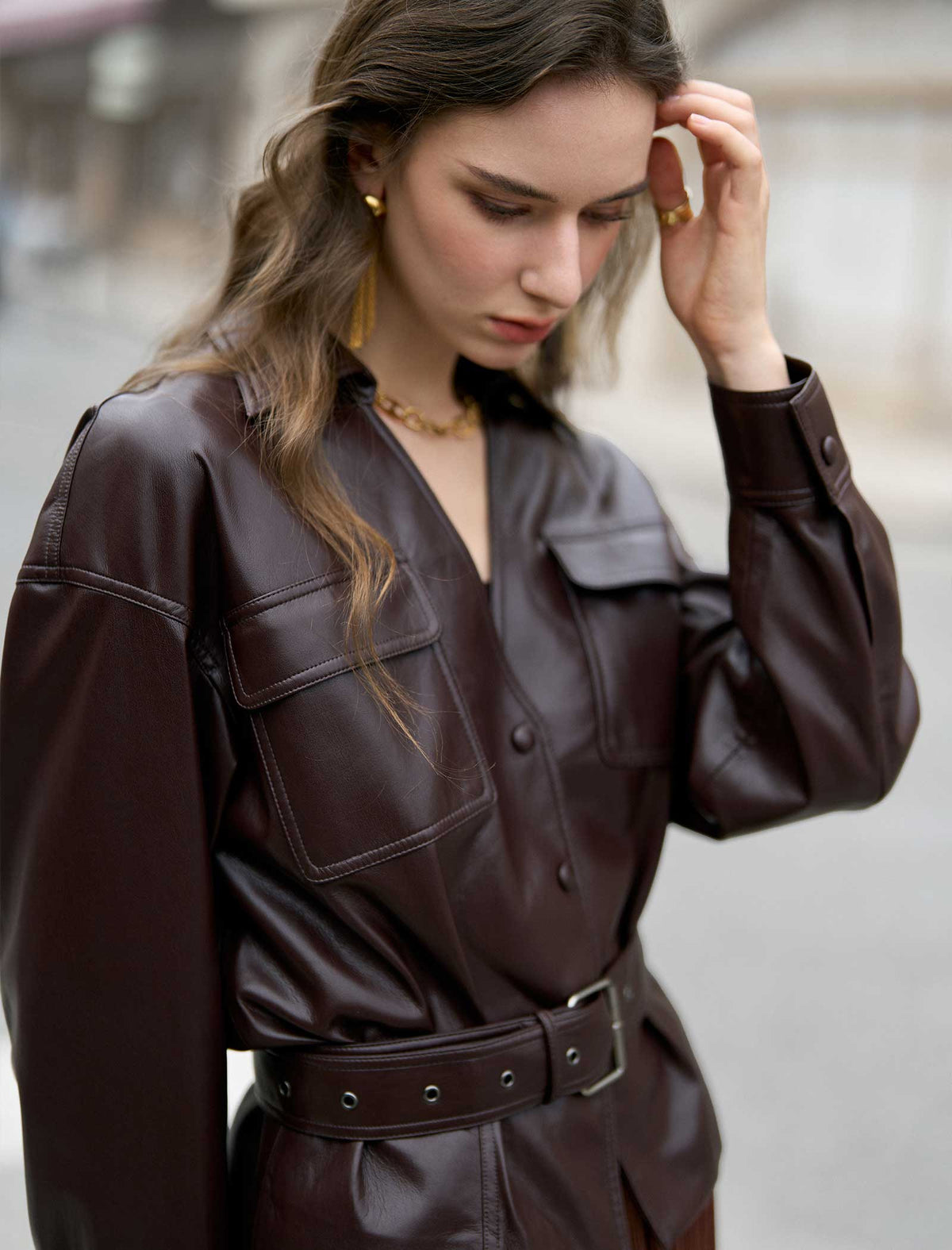 Faux Leather V-Neck Overshirt with Belt