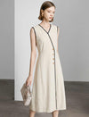Contrast Trim Button-Front Midi Dress