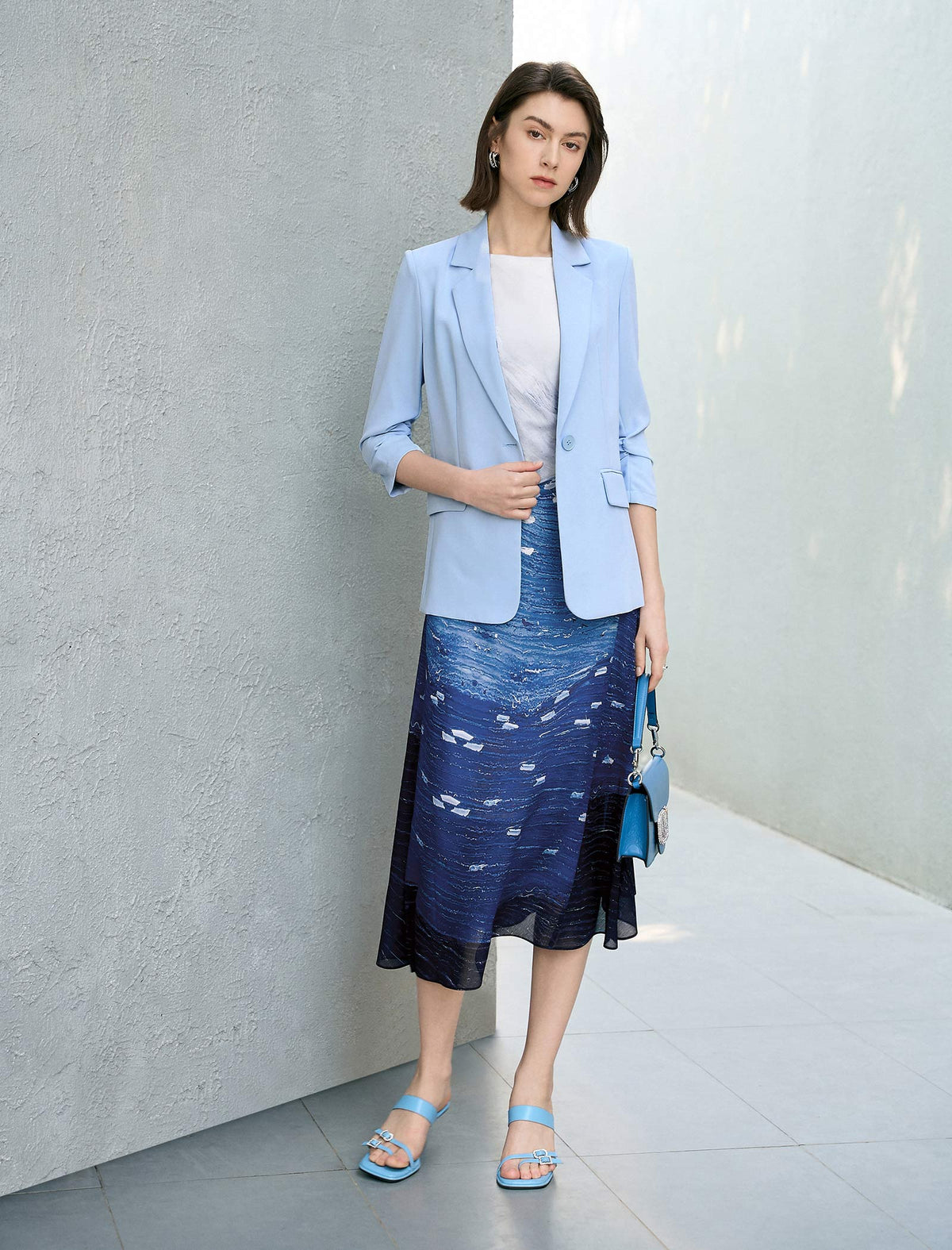 Single Button Ruched Sleeve Blazer