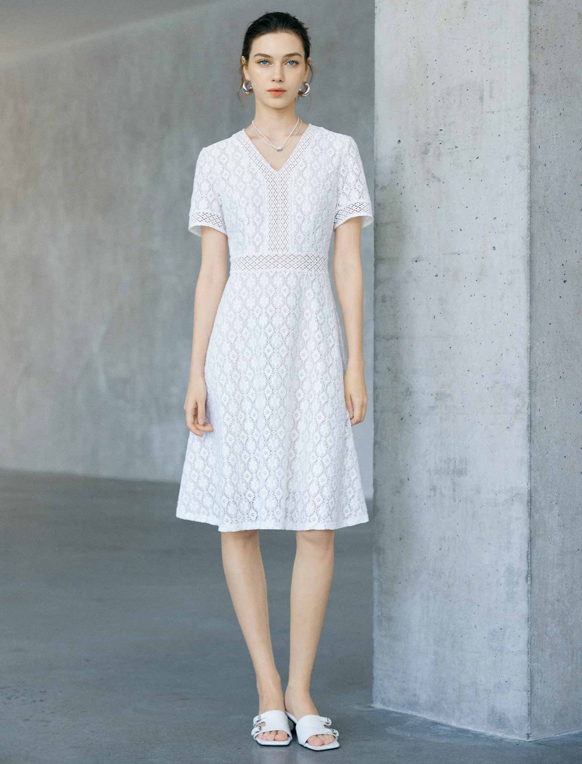 White Geometric Lace V-Neck Short Sleeve Fit And Flare Midi Dress