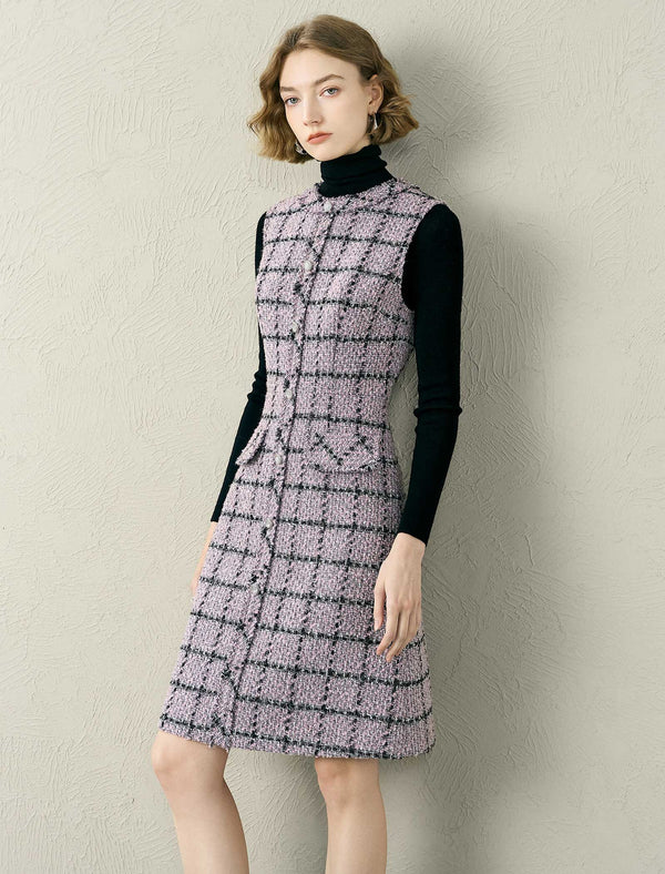 Tweed Plaid Round Neck Sleeveless Dress