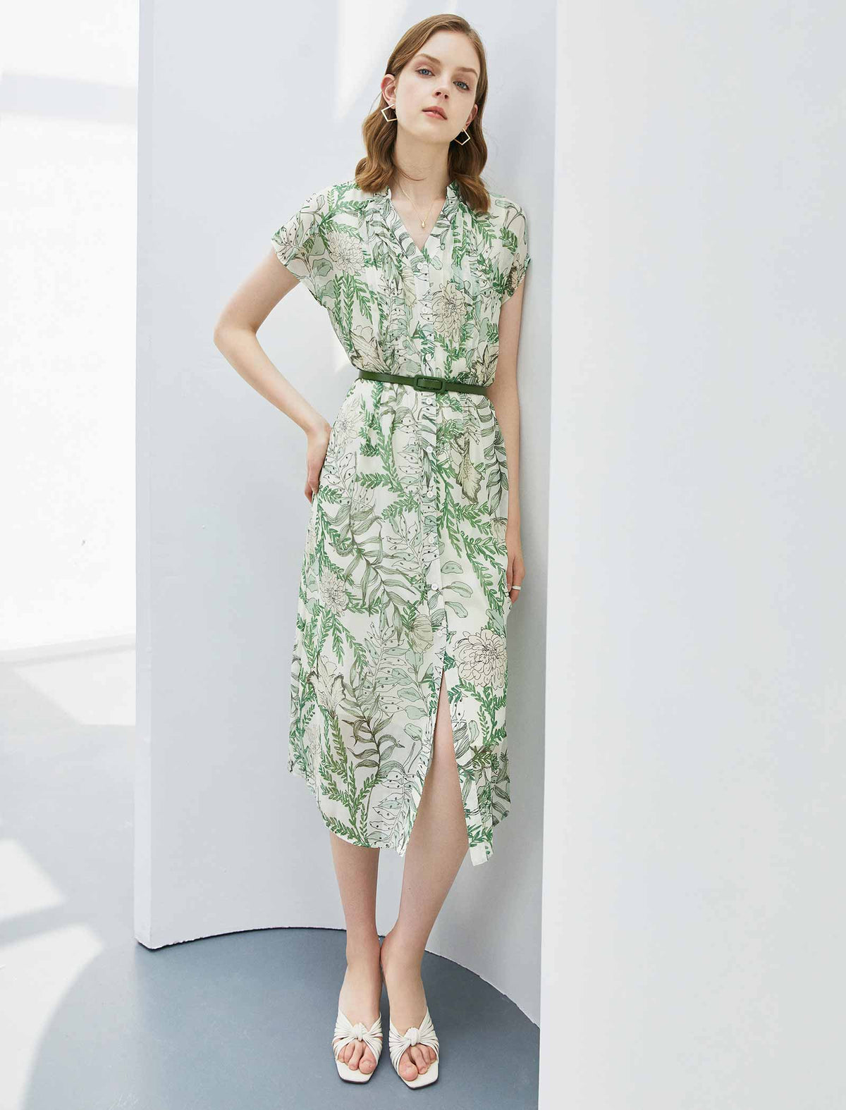Botanical Print Belted Shirt Midi Dress