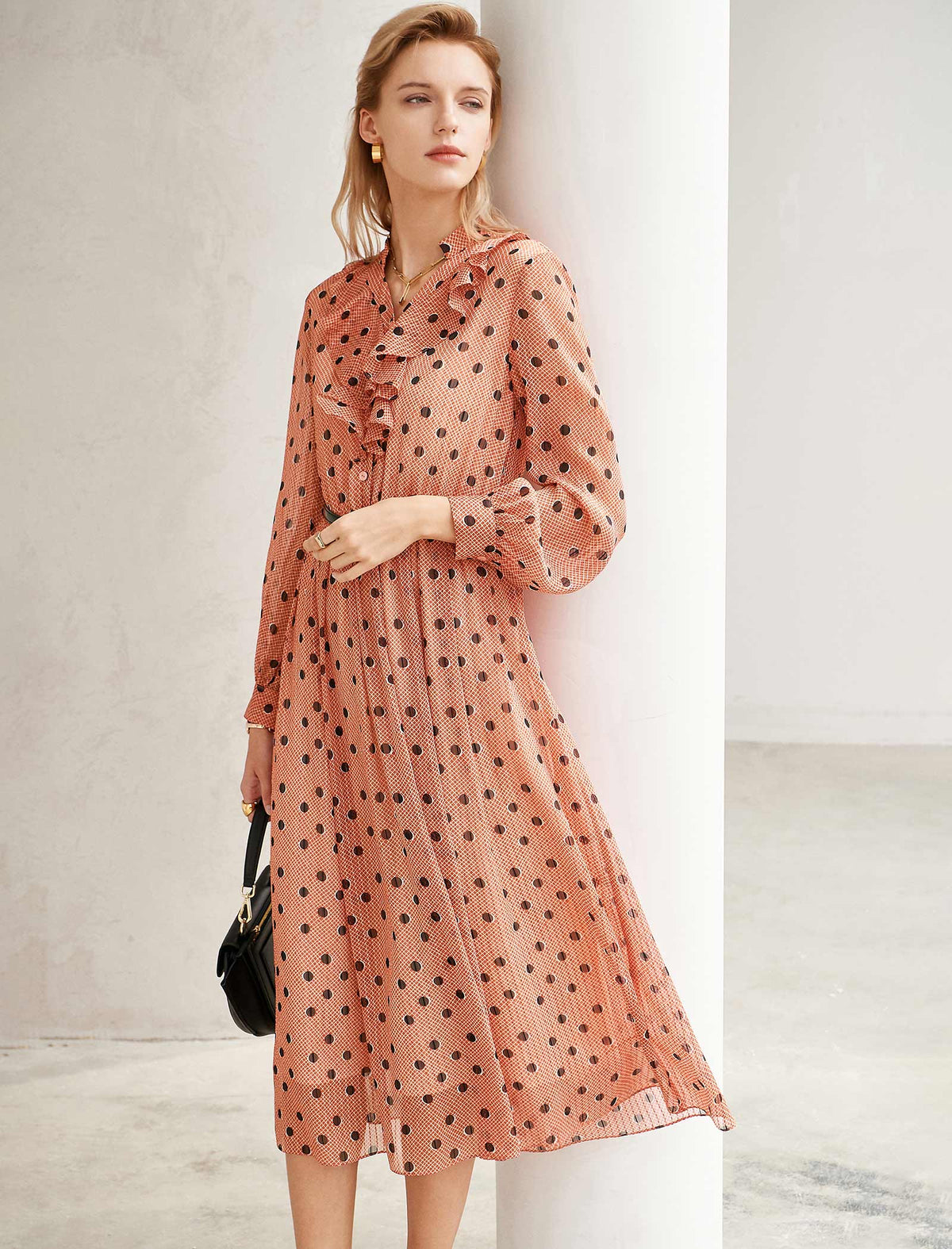 Peach Polka Dot Ruffled Neck Midi Dress
