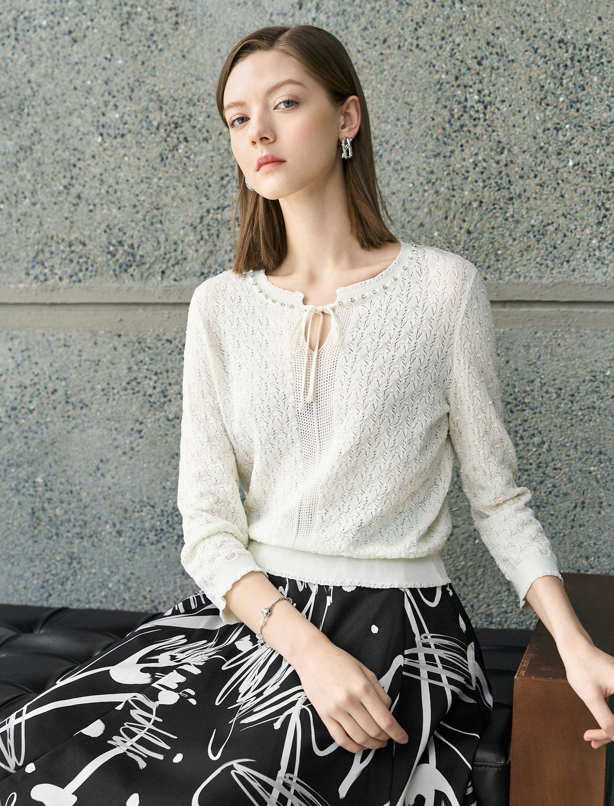 Tencel Eyelet Knit Tie-Neck Sweater