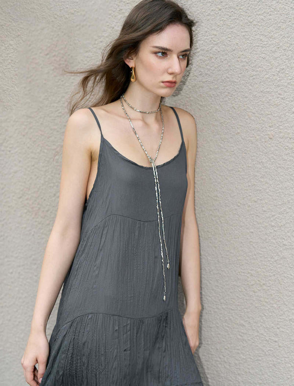 Charcoal Crinkled Sleeveless Maxi Slip Dress