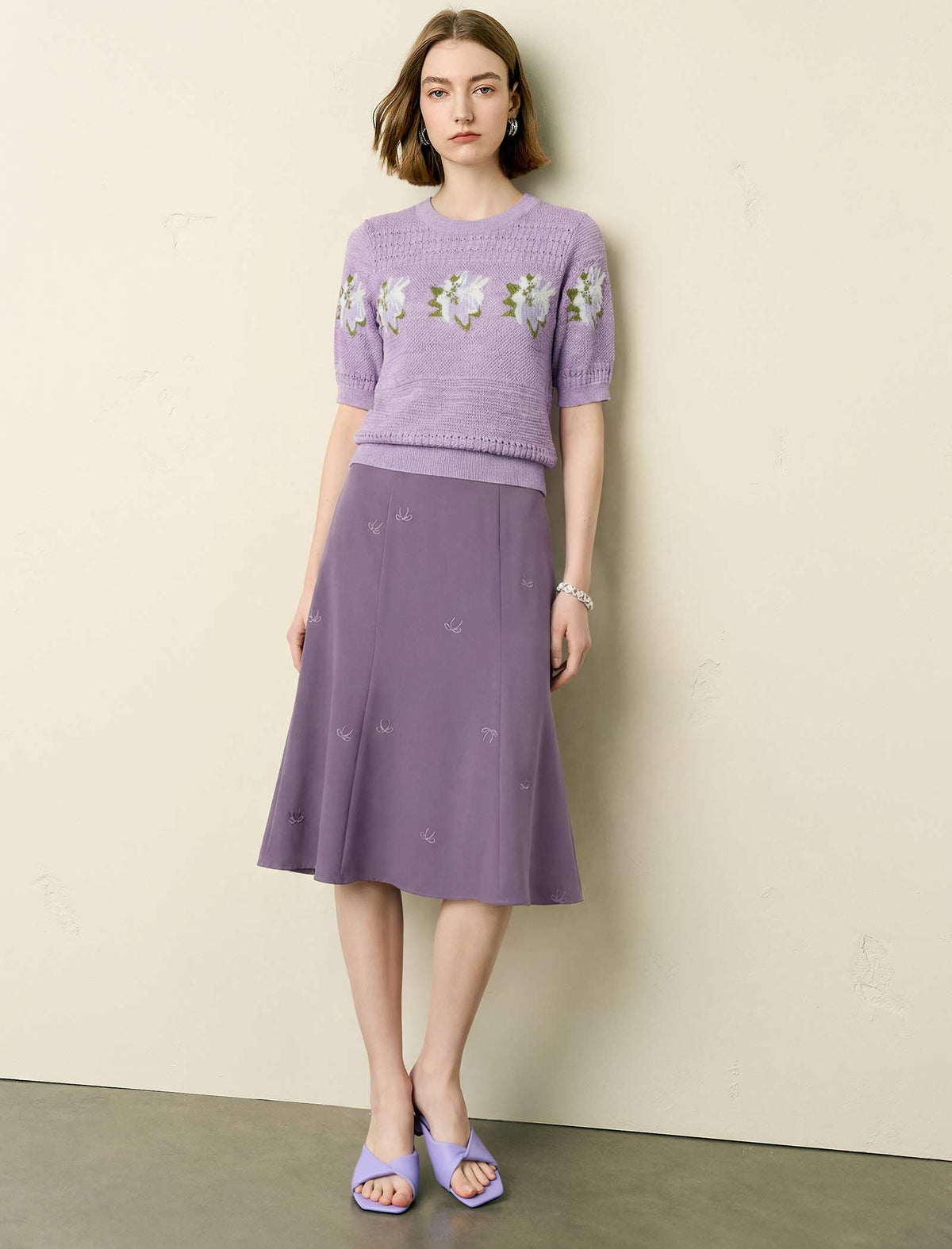 Lavender Floral Intarsia Short Sleeve Knit Top