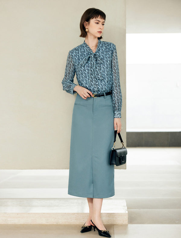 Geometric Print Bow Tie Blouse