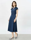Dark Blue Lace Cap Sleeve Belted Midi Dress