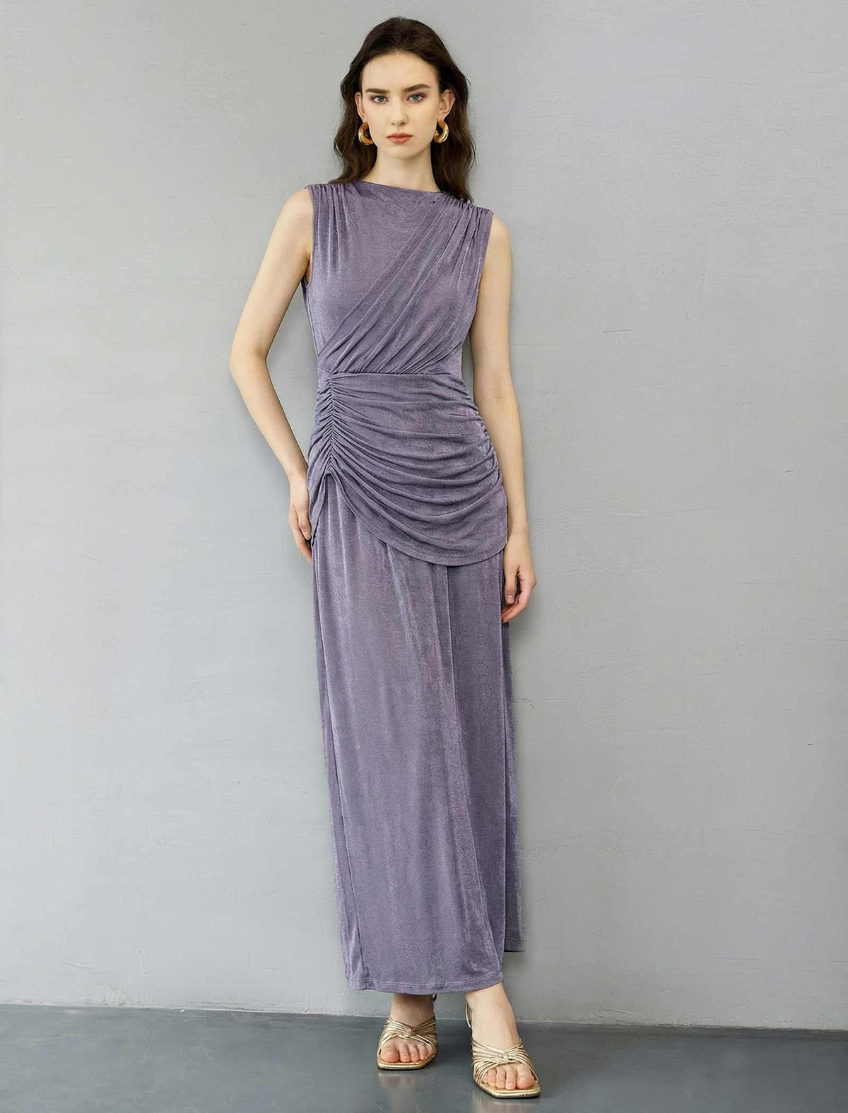 Classic Pleated Ruched Sleeveless Maxi Dress