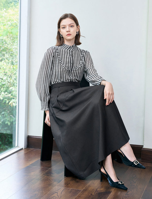 Chiffon Checkered Ruffle Detail Blouse