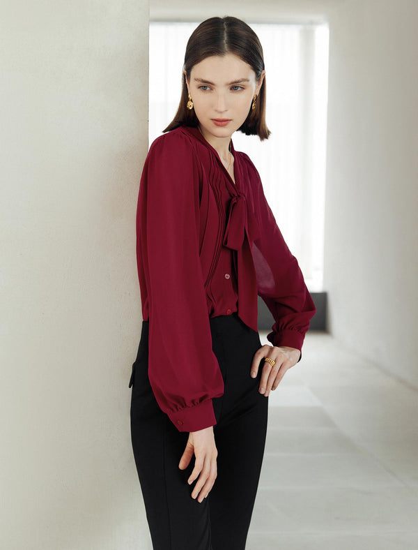 Wine-Red Bow Tie Professional Blouse