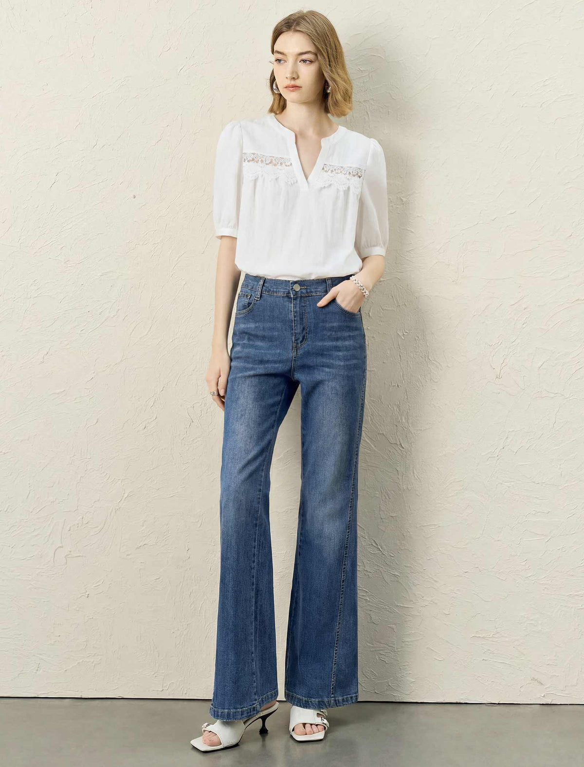 Lantern‑Sleeve Blouse With Lace Inserts