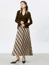 Brown Checked Pleated Midi Skirt