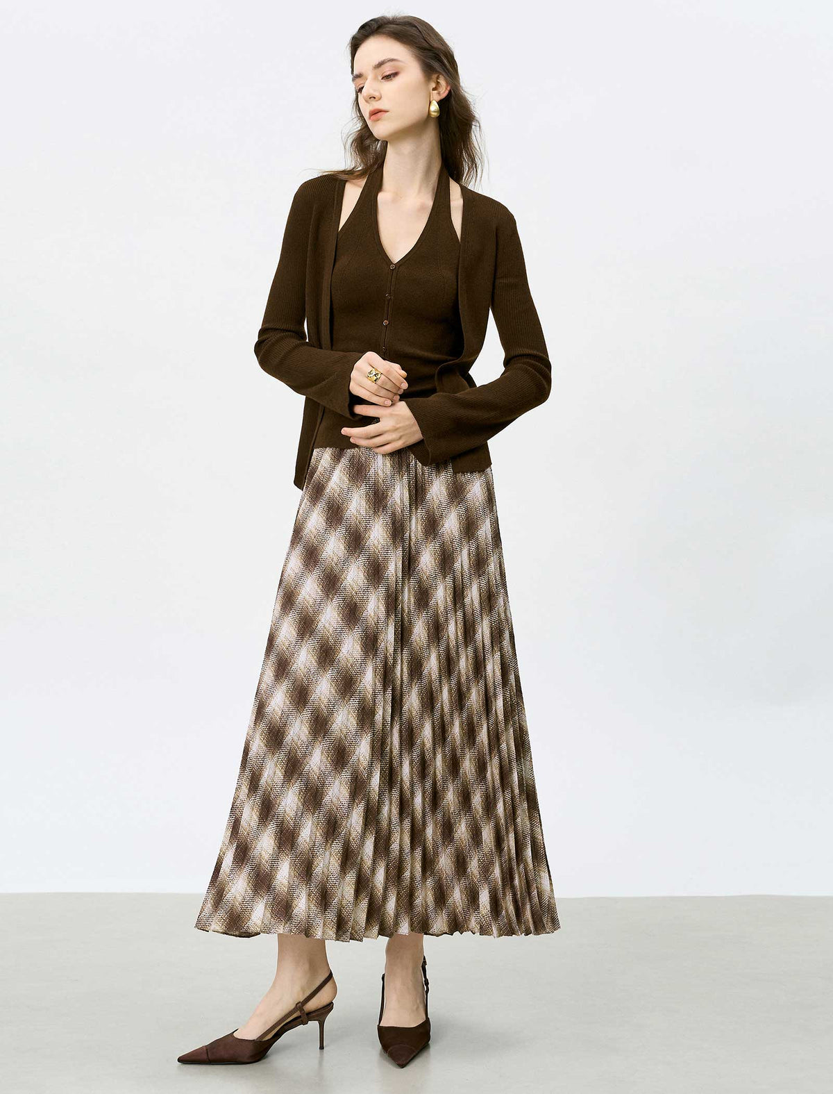 Brown Checked Pleated Midi Skirt
