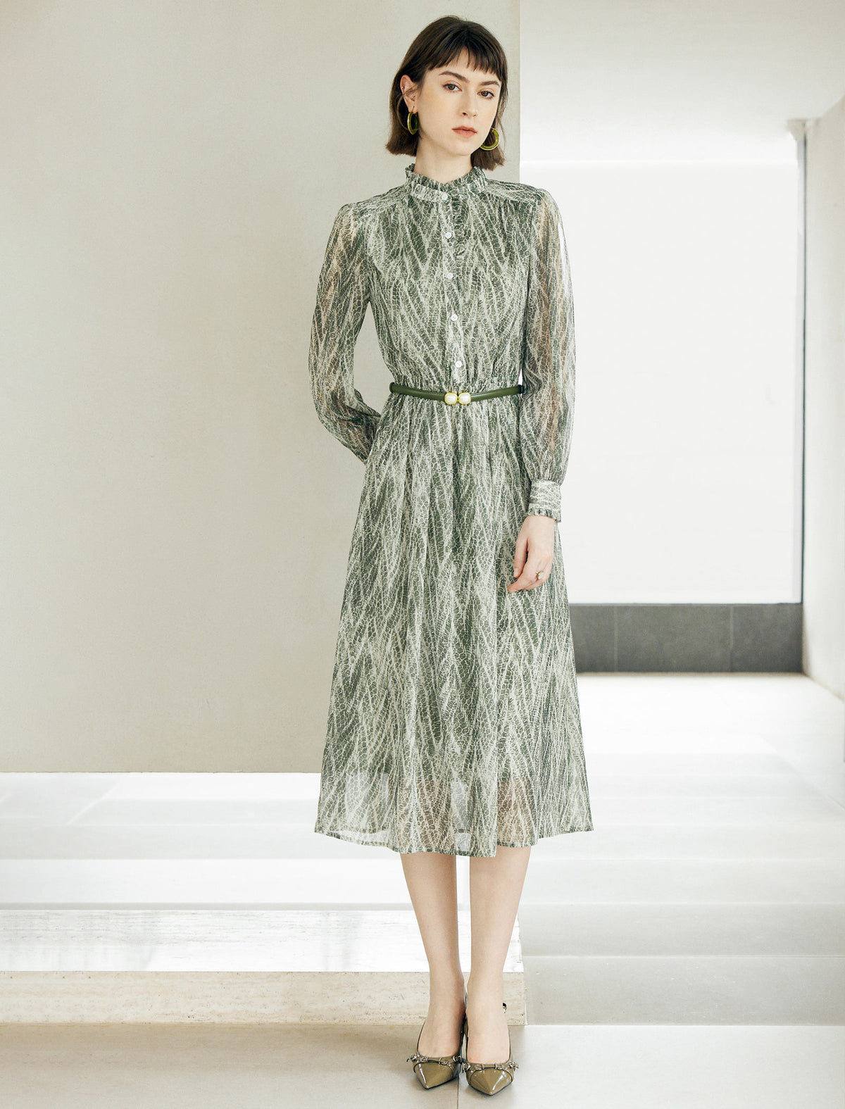 Floral Print Button-Front Belted Fitted Dress
