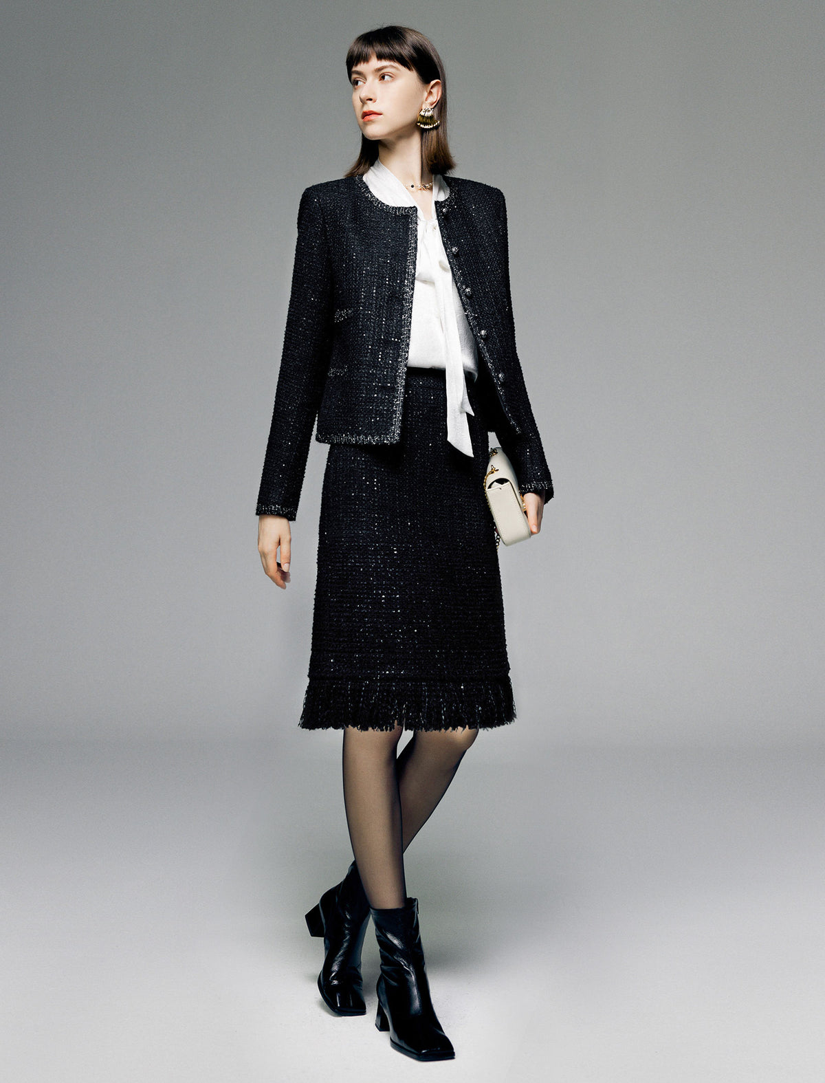 Wool Blend Tweed Midi Pencil Skirt