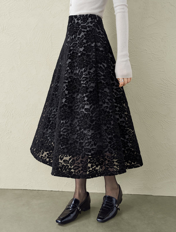 Black Floral Lace Midi Skirt
