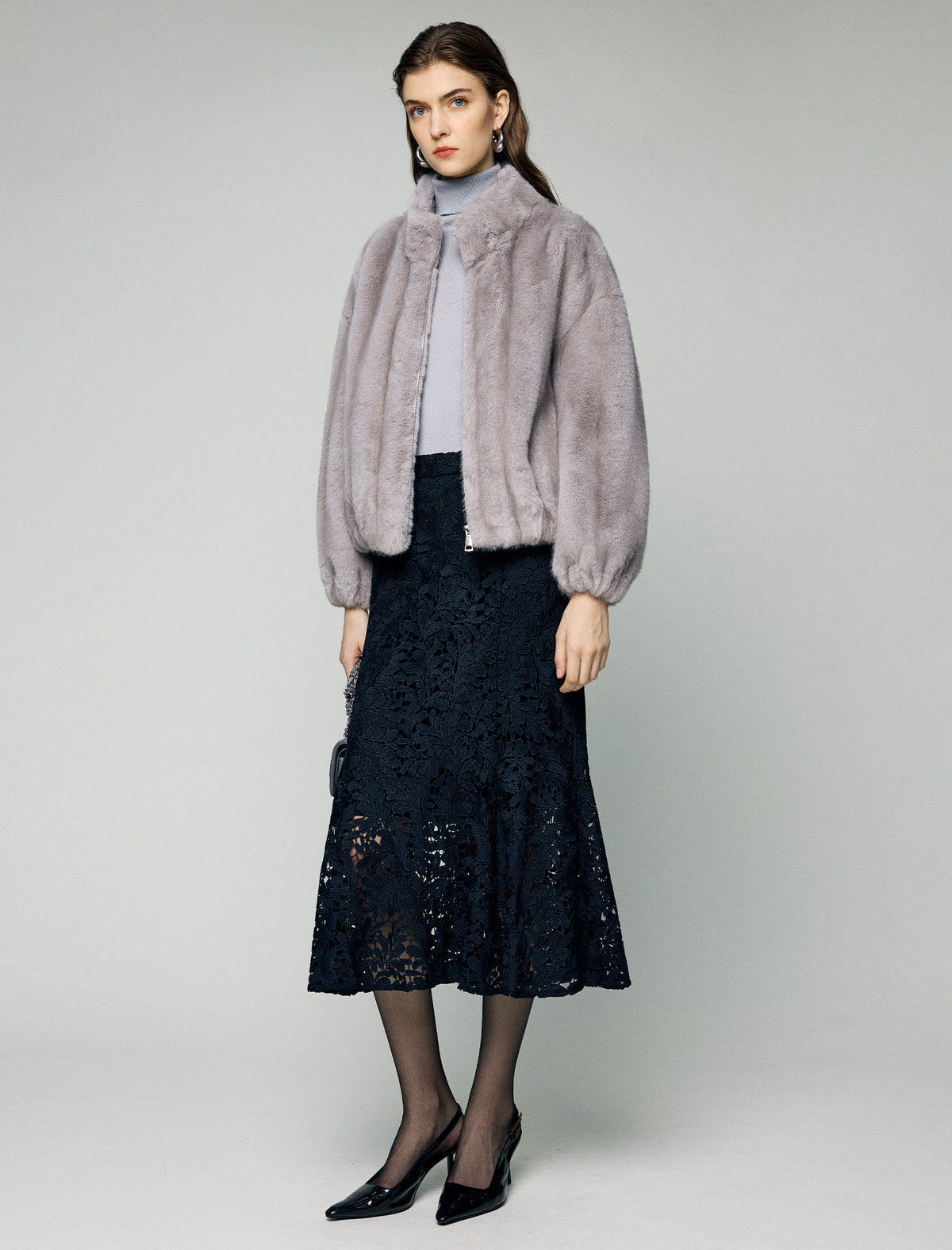 Stand-Collar Balloon-Sleeve Zip-Front Cropped Jacket