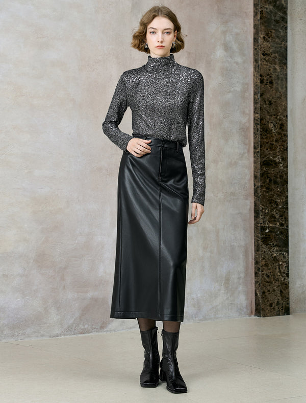 All-Over Sequin Turtleneck Long-Sleeve Top