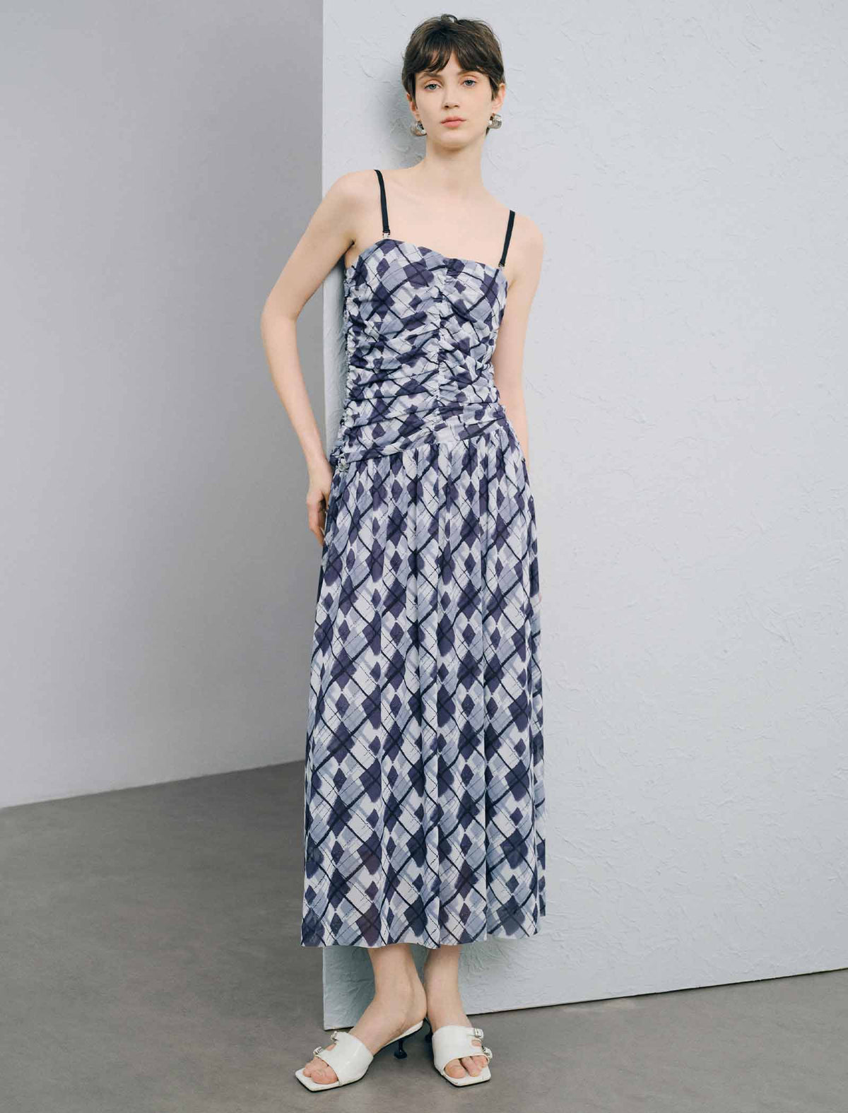 Blue Checked Spaghetti Strap Maxi Dress