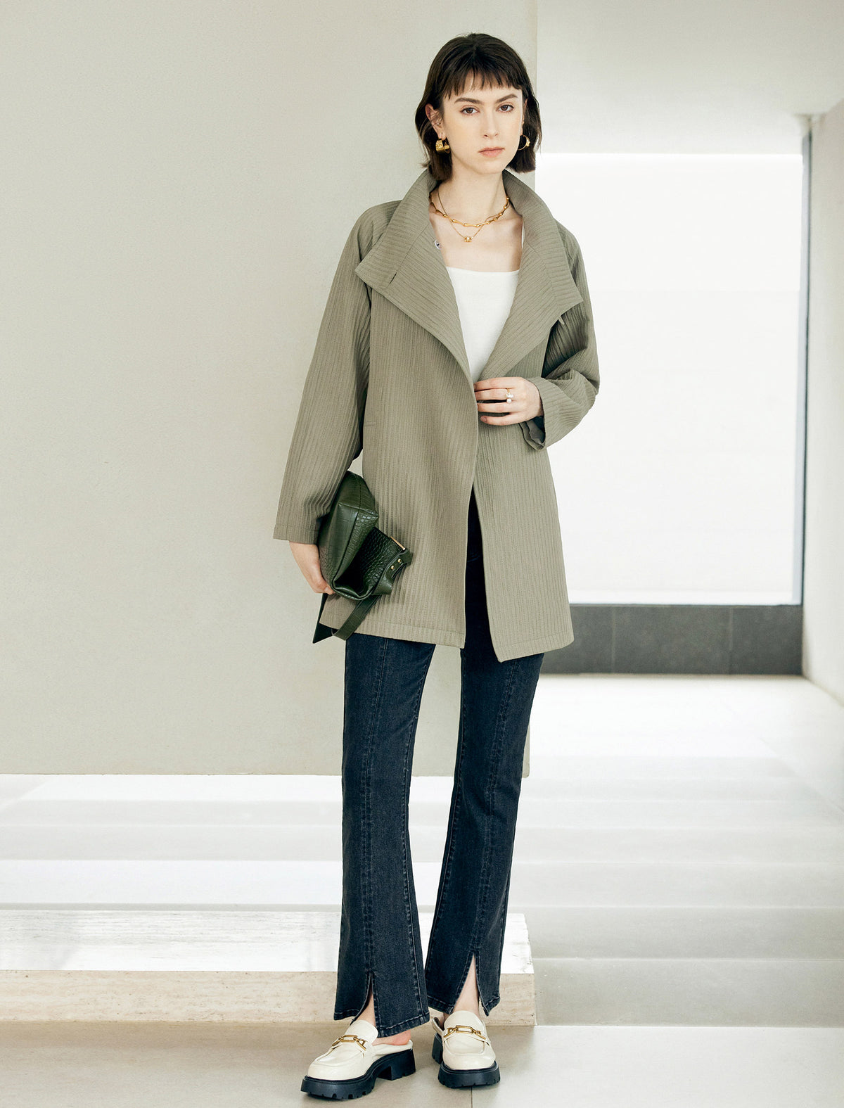 Textured Stand Collar Mid-Length Minimalist Trench Coat