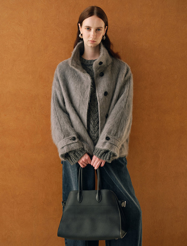 Wool-Cashmere Silk Blend Stand Collar Fuzzy Jacket