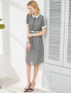 Houndstooth Chiffon Contrast Collar Midi Shirt Dress
