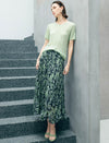 Green Leaf Print Pleated Midi Skirt