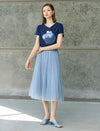 High-Waisted Shimmer Tulle Pleated Midi Skirt
