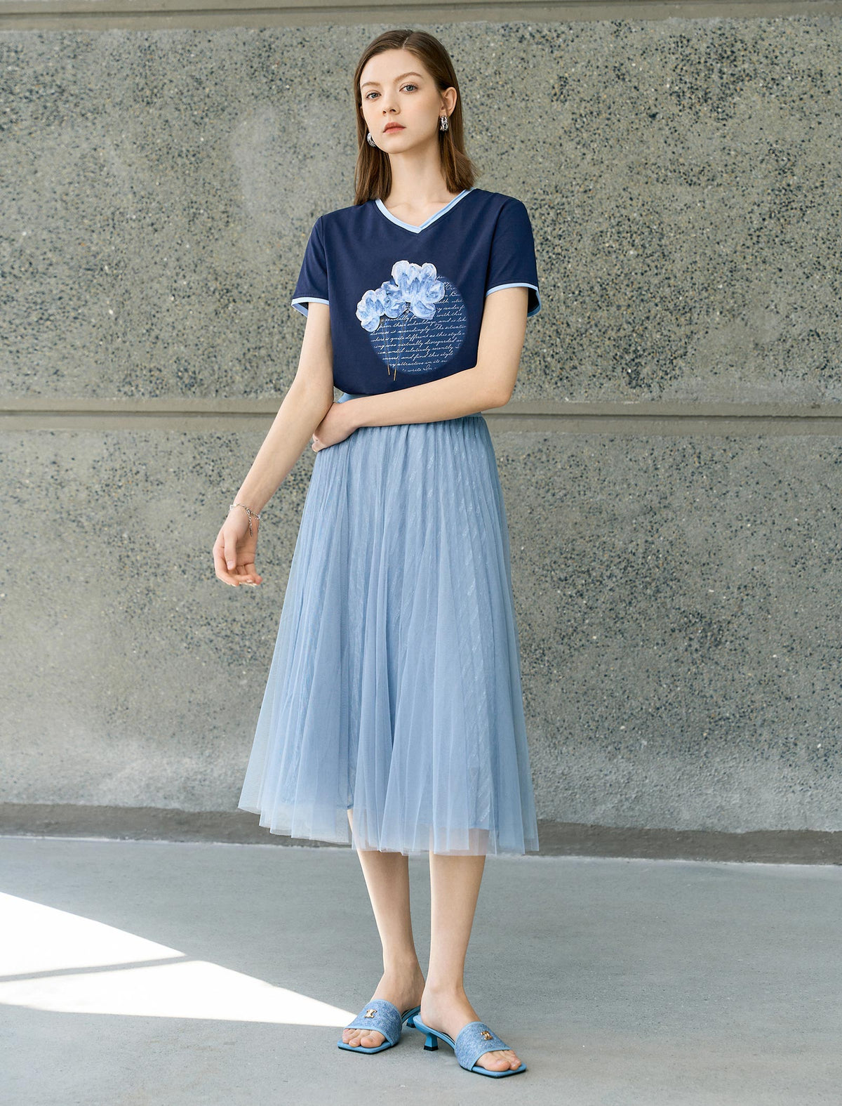 High-Waisted Shimmer Tulle Pleated Midi Skirt
