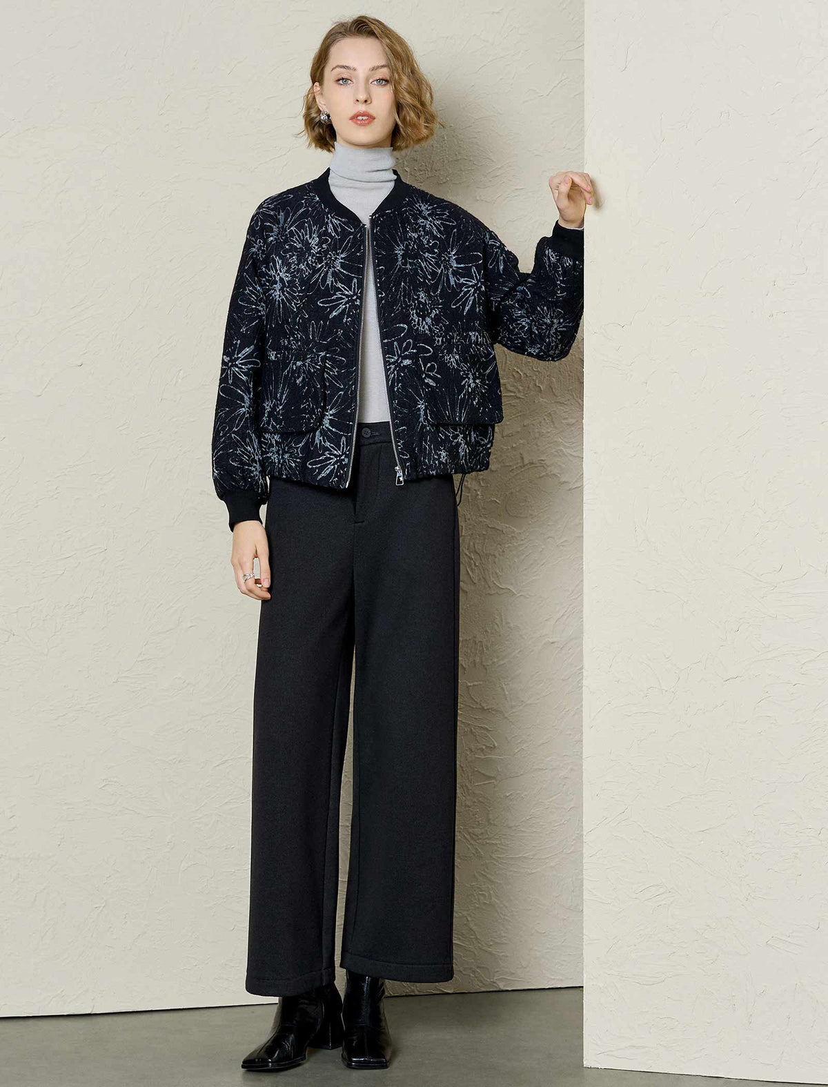 Black Textured Jacquard Floral Bomber Jacket