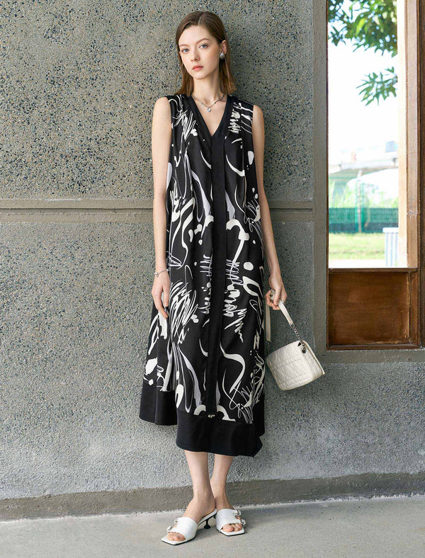 Abstract Print Sleeveless Midi Dress