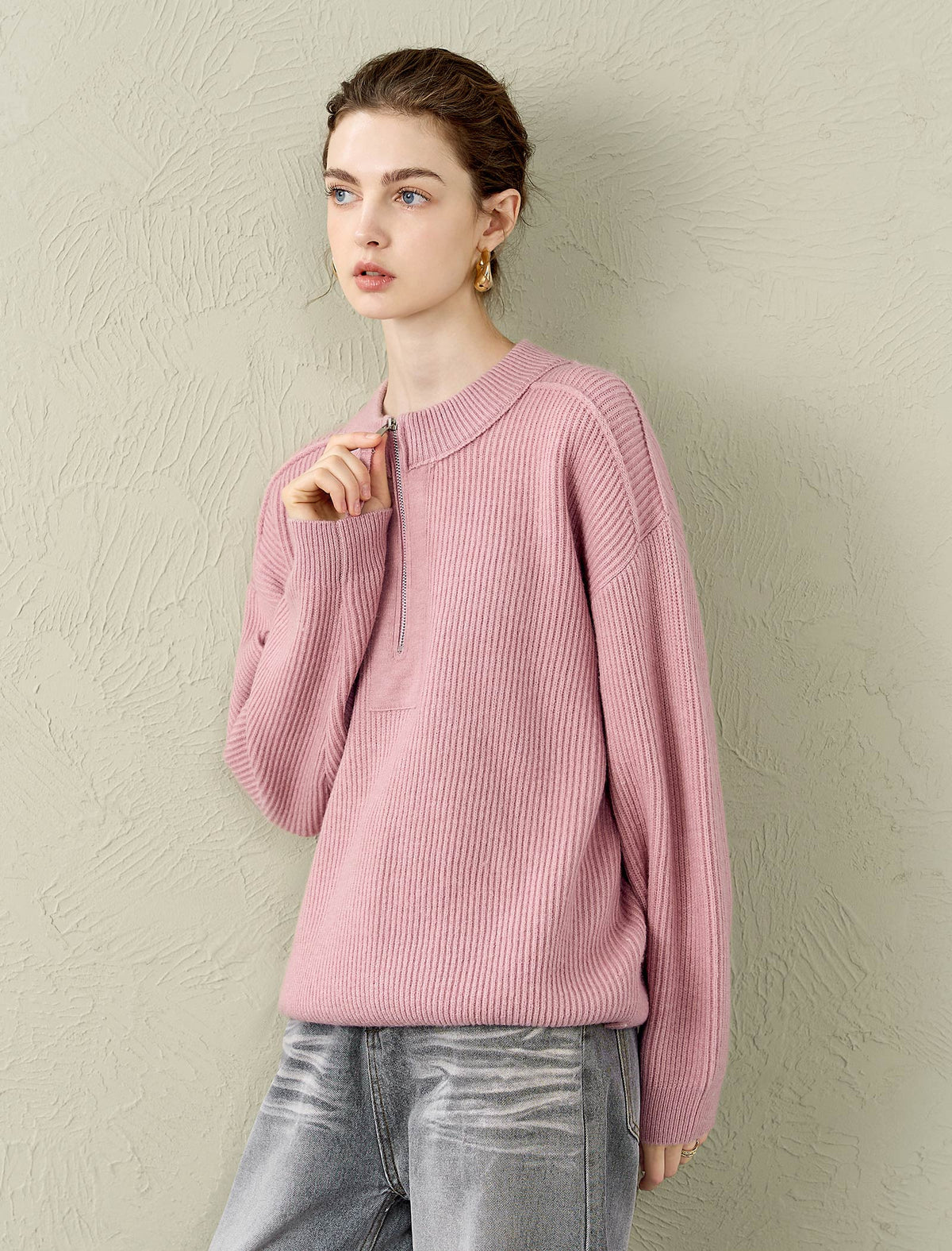 Half-Zip 100% Wool Ribbed Sweater