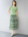 Green Abstract Print Pleated Midi Skirt
