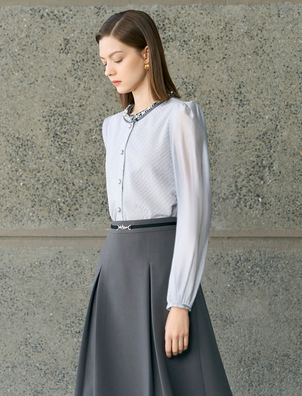 Embellished Collar Long Puff Sleeve Blouse