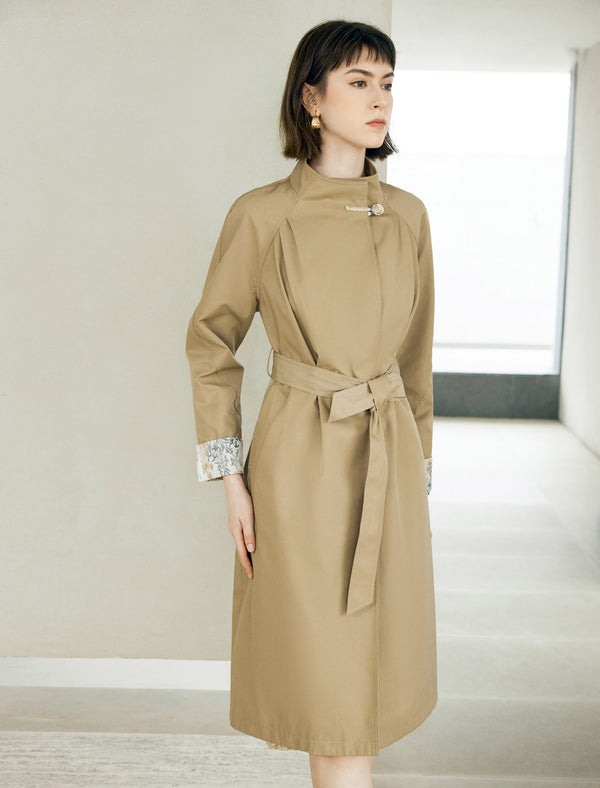 Floral Cuff Stand-Up Collar Belted Trench Coat