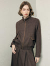 Wool Blend Textured Stand-Collar Zip-Front Cropped Jacket