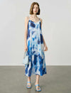 Tie-Dye Watercolor Print V-Neck Mulberry Silk Midi Slip Dress